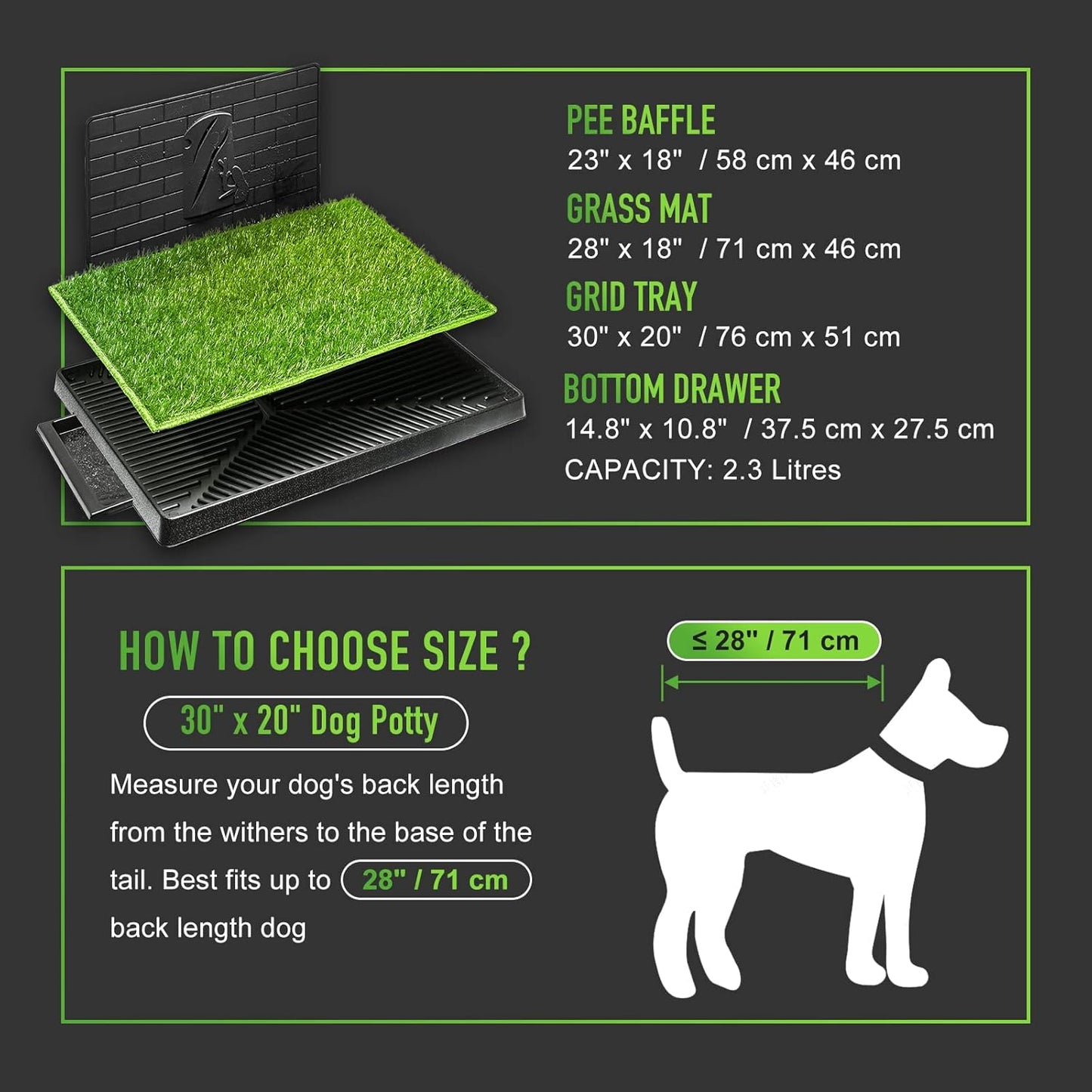 Large Dog Potty with Tray & 2 Artificial Grass Patches 30''X20'' Indoor/Outdoor Puppy Pad with Reusable Pee Baffle & Turf Grass Training Pads