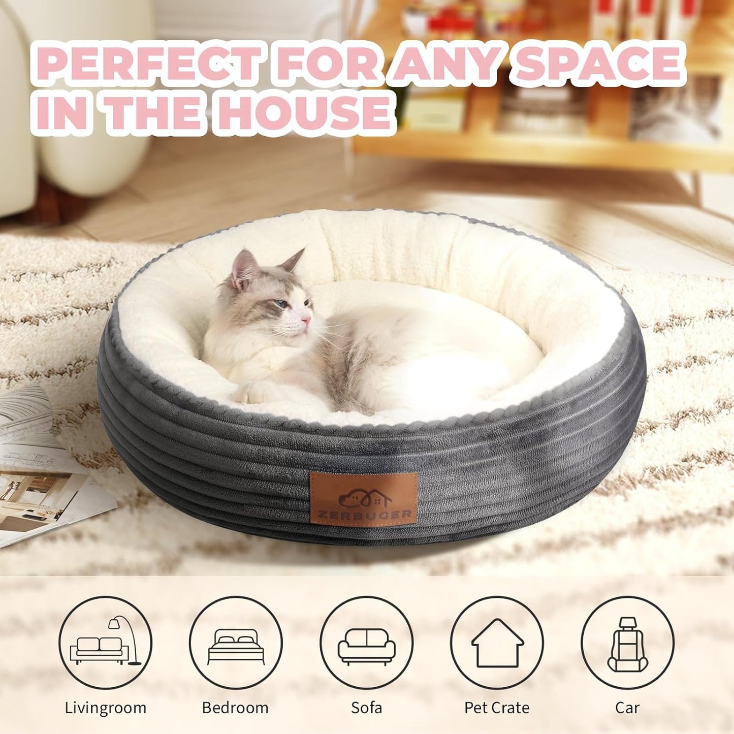 Cat Bed, 20In Dog Beds for Small Dogs, Calming Cat & Dog Beds for Indoor Pets, P