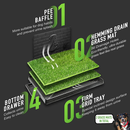 Large Dog Potty with Tray & 2 Artificial Grass Patches 30''X20'' Indoor/Outdoor Puppy Pad with Reusable Pee Baffle & Turf Grass Training Pads