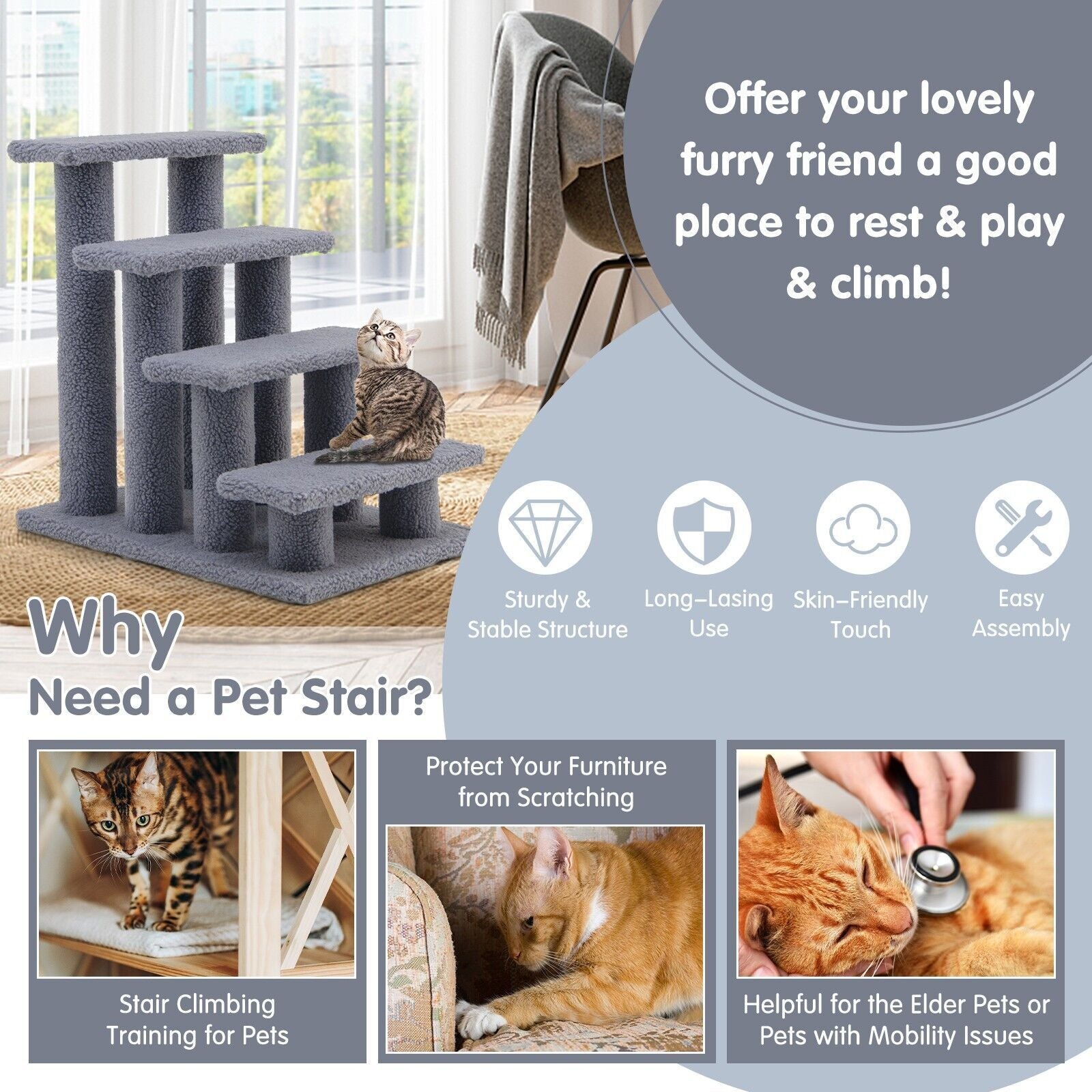 4-Step Carpeted Cat Dog Easy Climb Ladder
