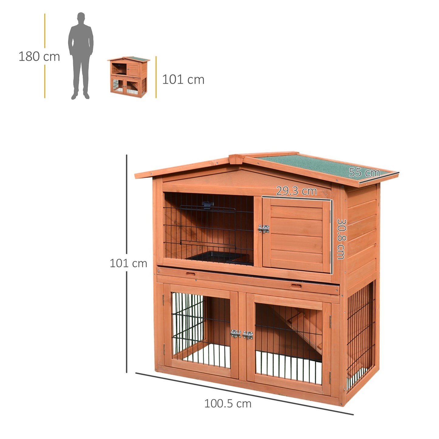 Rabbit Hutch Outdoor, 2-Tier Bunny Cage W/ No-Leak Tray & Ramp, 100.5X55X101Cm