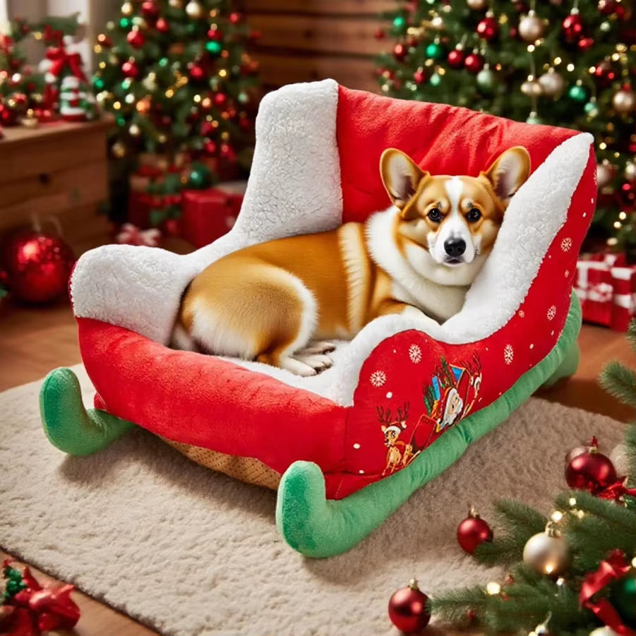 Christmas Sleigh Plush Dog Bed Christmas Sleigh Dog Bed Santa Pet Beds for Dogs and Cats Festive Plush Christma Themed Pet Beds