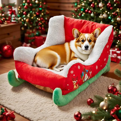 Christmas Sleigh Plush Dog Bed Christmas Sleigh Dog Bed Santa Pet Beds for Dogs and Cats Festive Plush Christma Themed Pet Beds