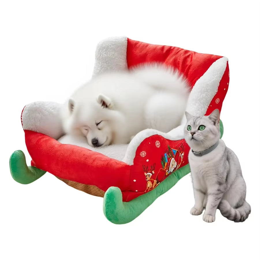 Christmas Sleigh Plush Dog Bed Christmas Sleigh Dog Bed Santa Pet Beds for Dogs and Cats Festive Plush Christma Themed Pet Beds