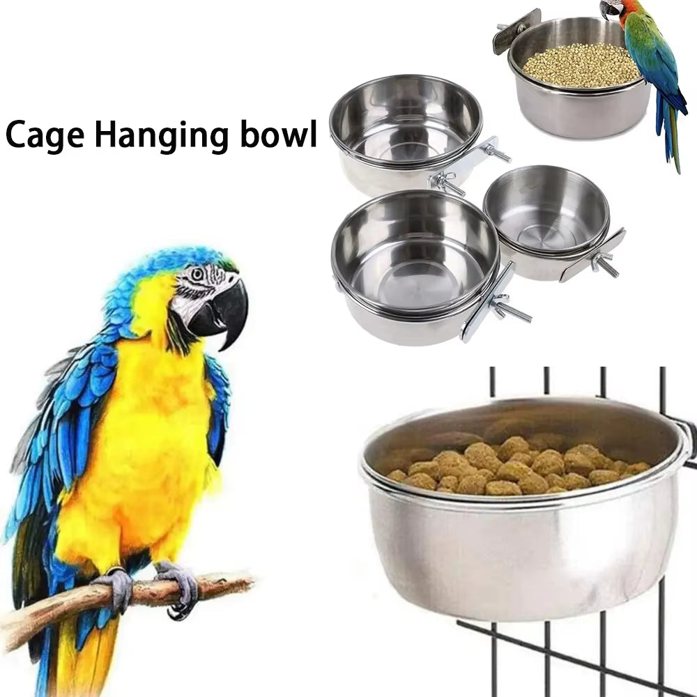 Parrot Rabbit Hamster Pet Food Dish Stainless Steel Clamp-On Water Drinker Bird Feeder Feeding Bowl Cage Cup Hanging Bowl