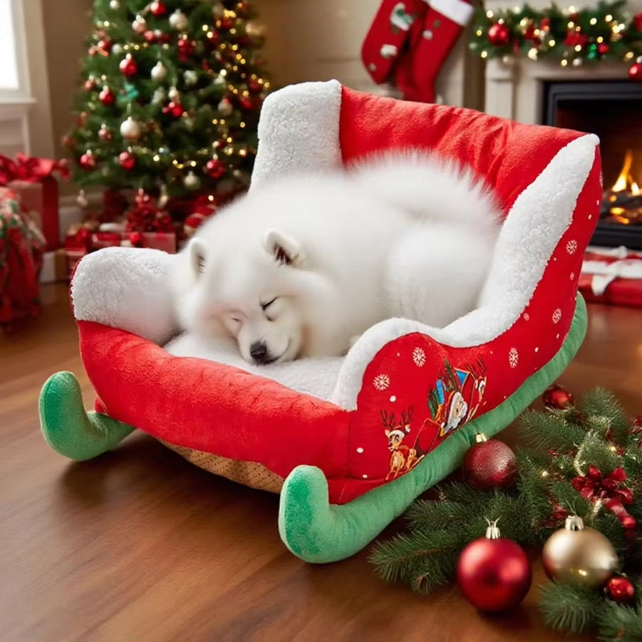 Christmas Sleigh Plush Dog Bed Christmas Sleigh Dog Bed Santa Pet Beds for Dogs and Cats Festive Plush Christma Themed Pet Beds