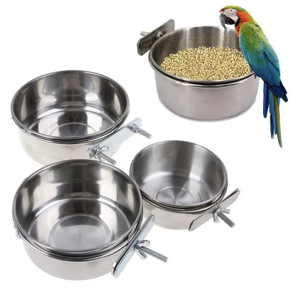 Parrot Rabbit Hamster Pet Food Dish Stainless Steel Clamp-On Water Drinker Bird Feeder Feeding Bowl Cage Cup Hanging Bowl