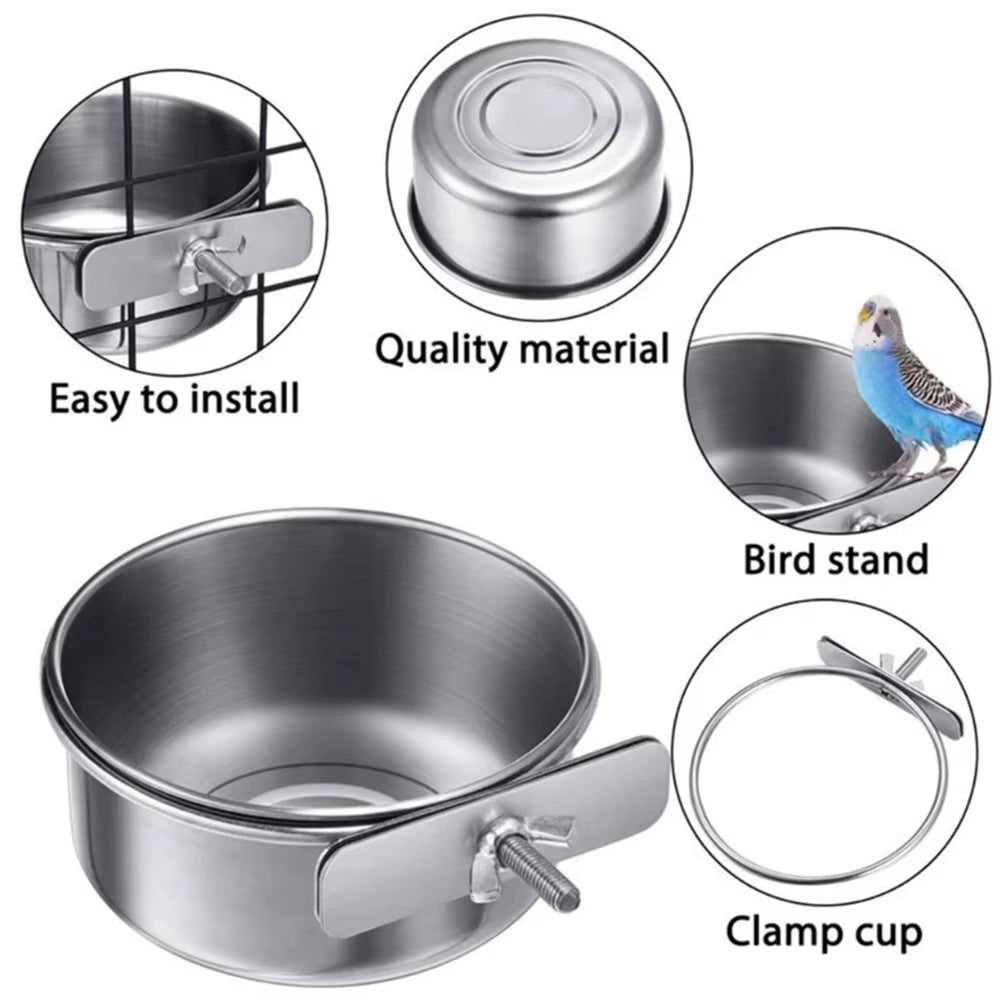 Parrot Rabbit Hamster Pet Food Dish Stainless Steel Clamp-On Water Drinker Bird Feeder Feeding Bowl Cage Cup Hanging Bowl