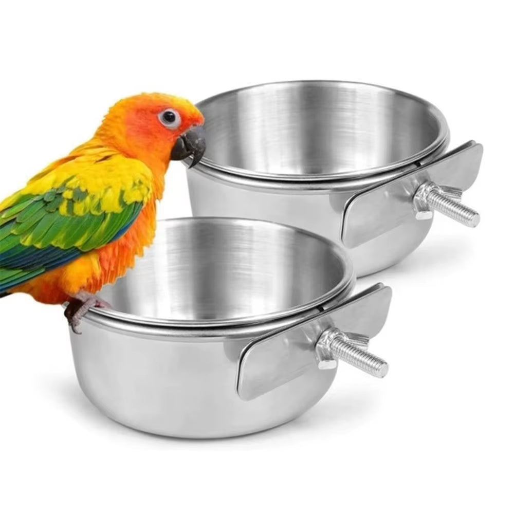Parrot Rabbit Hamster Pet Food Dish Stainless Steel Clamp-On Water Drinker Bird Feeder Feeding Bowl Cage Cup Hanging Bowl