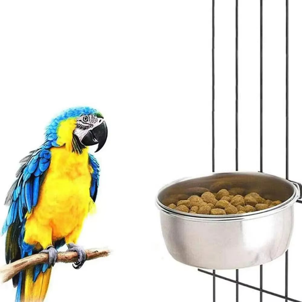 Parrot Rabbit Hamster Pet Food Dish Stainless Steel Clamp-On Water Drinker Bird Feeder Feeding Bowl Cage Cup Hanging Bowl