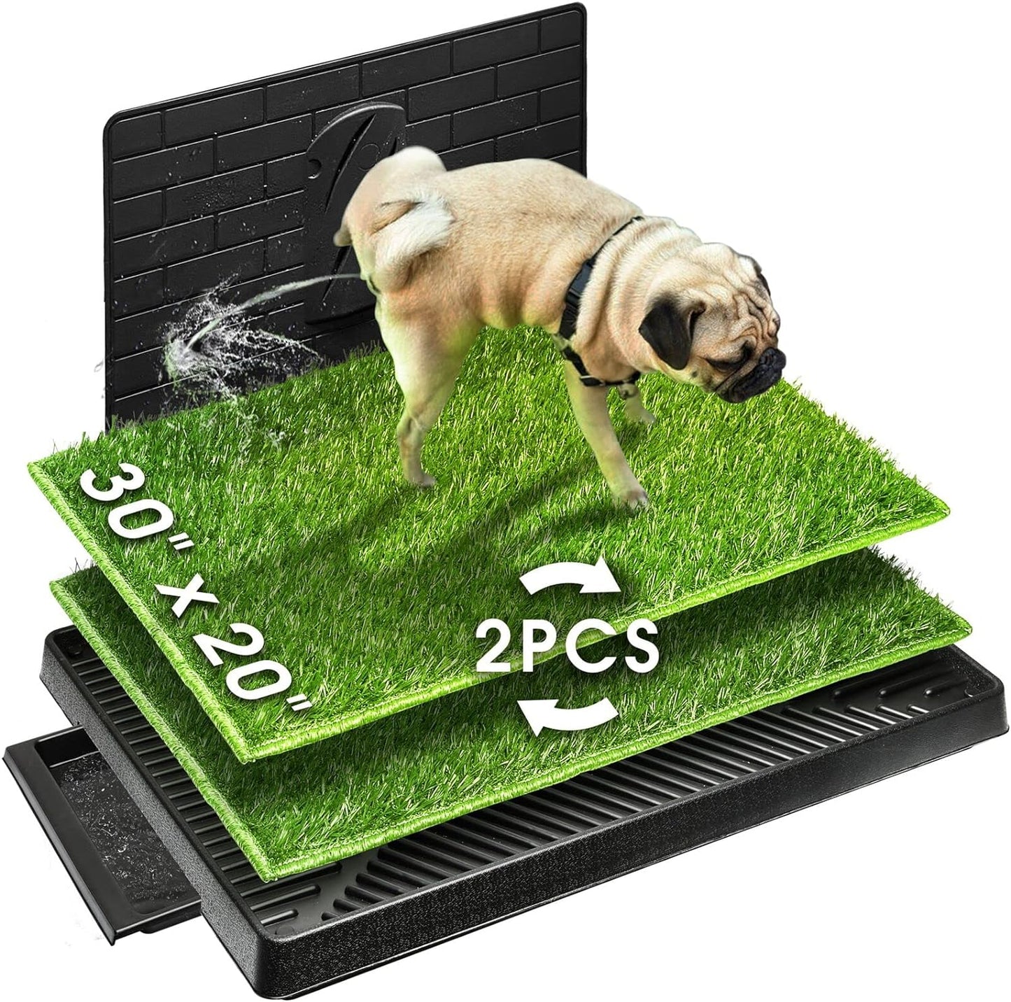 Large Dog Potty with Tray & 2 Artificial Grass Patches 30''X20'' Indoor/Outdoor Puppy Pad with Reusable Pee Baffle & Turf Grass Training Pads