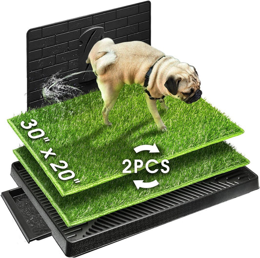 Large Dog Potty with Tray & 2 Artificial Grass Patches 30''X20'' Indoor/Outdoor Puppy Pad with Reusable Pee Baffle & Turf Grass Training Pads